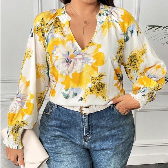BellanBlue Tops - Plus Floral Print Flounce Long Sleeve Blouse